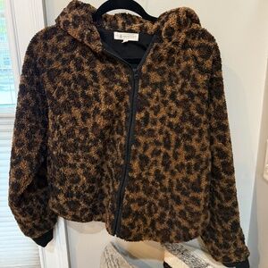 Lou & Grey by Loft, Leopard Print Sherpa Jacket with Hood XS